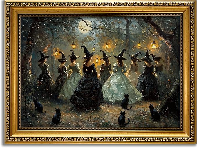 YD&YZY Halloween Wall Art Witch and Black Cat Vintage Decor Gold Framed - skull painting