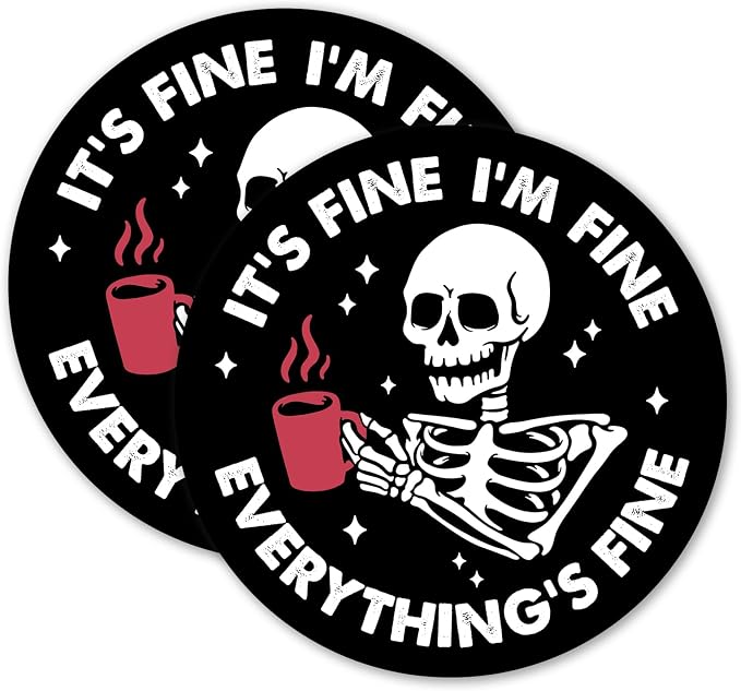2 Pcs Funny Skeleton Skull Drink Coasters, Everything's Fine Non-Slip Absorbent Cup Coasters for Desk Coffee Table, Office Humor Gifts for Employee Coworker, 4" Round - skull coaster