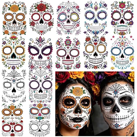 Yazhiji 16 Sheets Day of the Dead Face Tattoos – Mexican Sugar Skull Temporary Face Stickers for Halloween, Dia de los Muertos Makeup Kit, Costume Accessories for Adults Men Women Kids