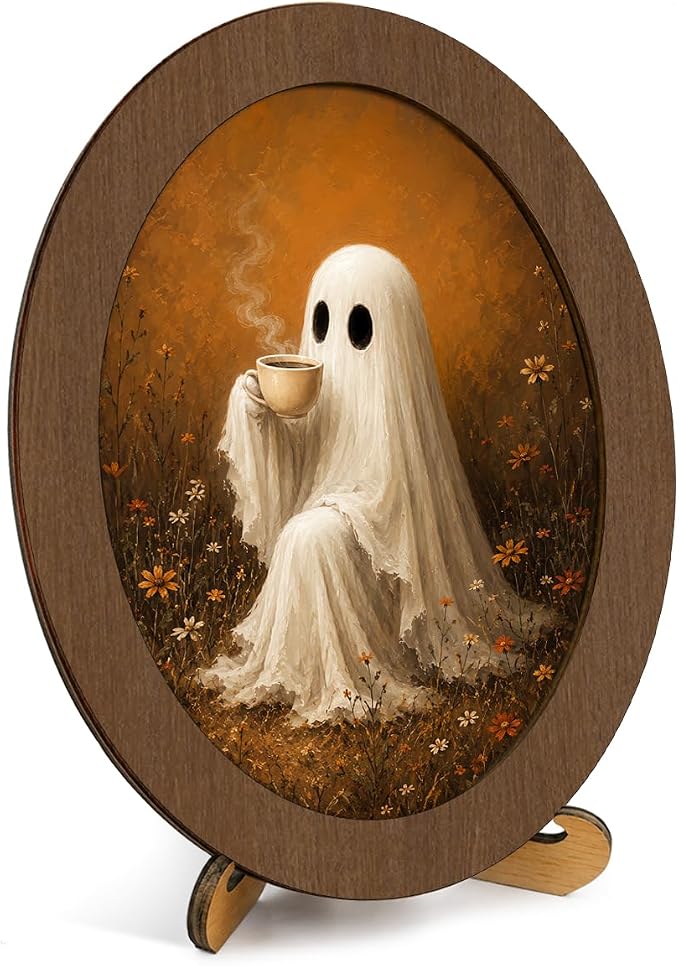 Framed Vintage Halloween Ghost Oval Wall Art, Farmhouse Ghost Coffee Autumn Halloween Wall Decor, Rustic Fall Canvas Art Prints for Home Living Room Bedroom - skull wall art