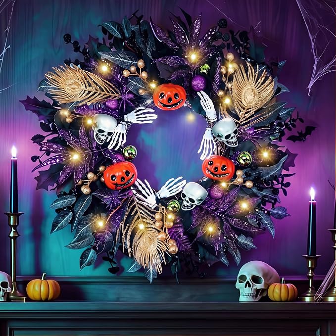 Aneco 24 Inch Halloween Wreath for Front Door with Lights Pre-Lit Gothic Pumpkin Wreath Halloween Decorations for Home Porch Table Centerpiece Window Wall Holiday Party Decor - skull wreath