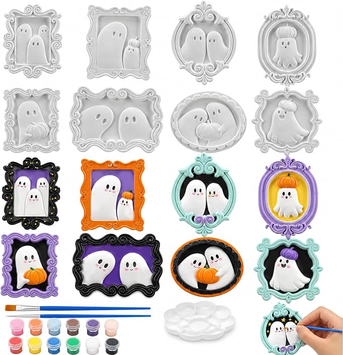 8 Pcs Halloween Ghost Ceramics to Painting Kit, Paint Your Own Photo Frames - skull painting