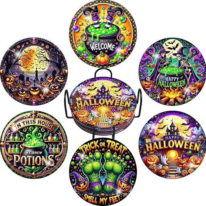 igoodom 6 Pcs Halloween Diamond Art Coasters Kit for Adults, DIY Craft Set - skull coaster