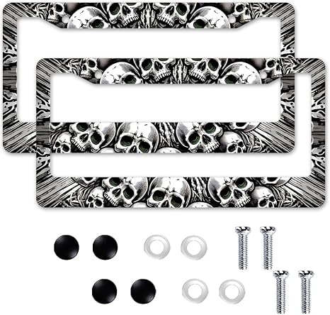 Skull Pattern Aluminum License Plate Frame 2 Pack 6x12 Inch US Standard, Gothic Car Tag Holder with Screws for Cars Trucks SUVs - skull plate