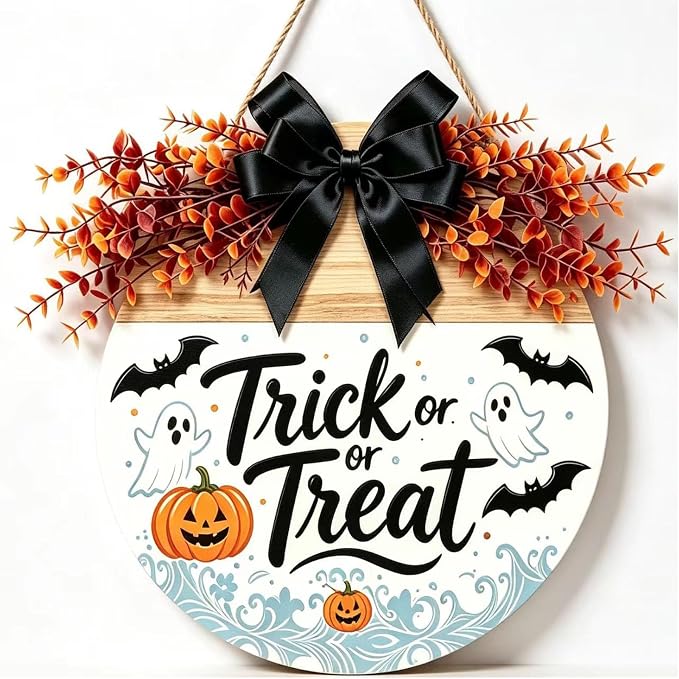 12 Inch Halloween Wooden Door Sign,Trick or Treat Wreath Sign - skull wreath