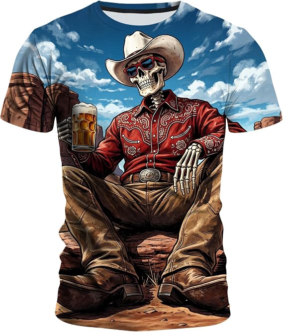 Men's Western Skull Graphic T-Shirt, Crew Neck Short Sleeve Summer Casual Tee - skull tshirt