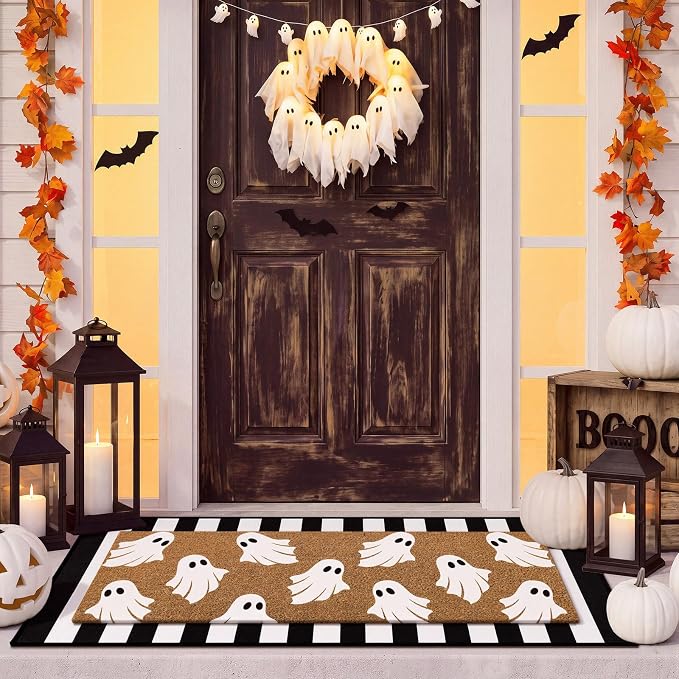 Moucuny 2 Pcs Large Halloween Front Door Mat, Ghost Coir Doormat, Non Slip - skull floor mat