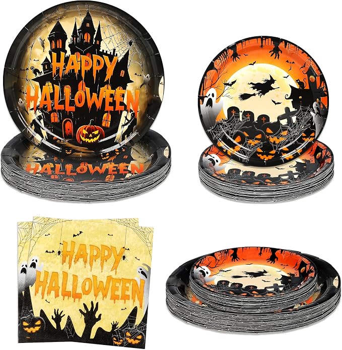Halloween Plates and Napkins Set Serve 25 Disposable Tableware 75 Pcs - skull plate