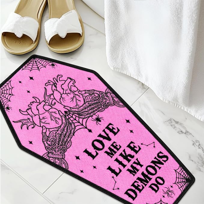 Halloween Bath Mat Pink Coffin Bathroom Rugs Non Slip Spooky Plush Shower Rugs Washable Halloween Absorbent Bath Tub Carpet Halloween Bathroom Decor Supplies - skull toilet mat