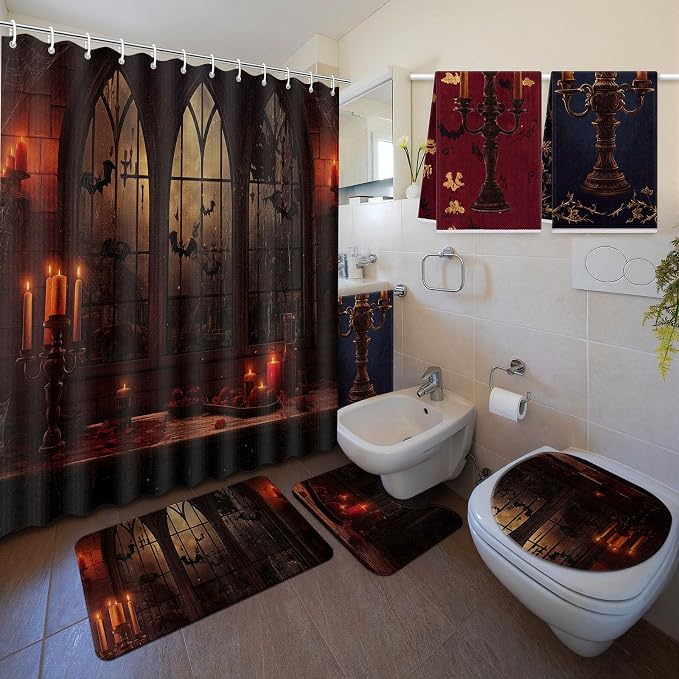 Nuanchu 6 Pcs Halloween Shower Curtain Set with Rug Haunted Bathroom Sets - skull toilet paper