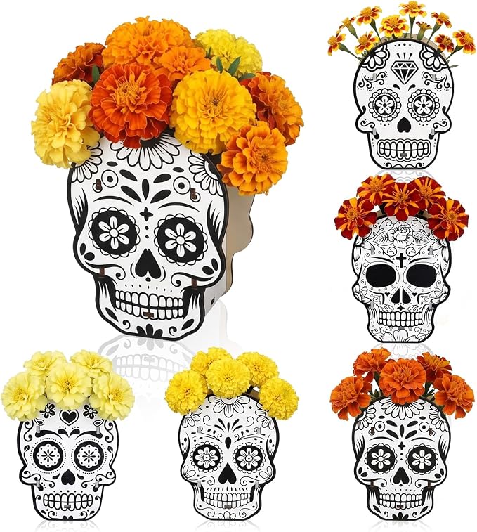 Wenqik 6 Pcs Day of the Dead Skull Decoration Wooden Boxes Altar Display - skull candle