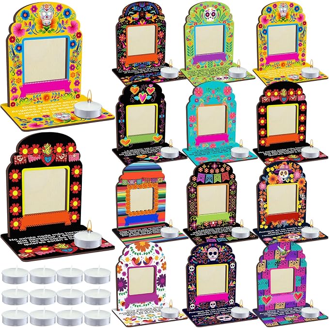 Yookeer 12 Pack Dia De Los Muertos Altar Decorations Wooden Picture Frames - skull candle