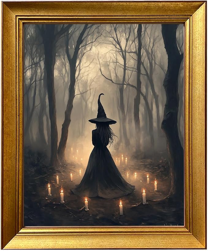 Vintage Gold Framed Halloween Canvas Wall Art Gothic Witch in Enchanted Fall Forest Painting Spooky Moody Autumn Decor Atmospheric Candlelit Silhouette Print Artwork - skull wall art