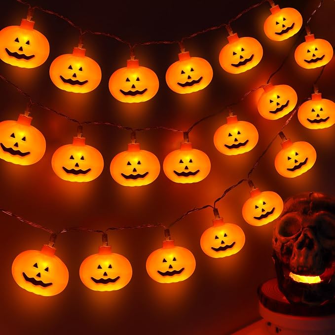 Halloween Lights Outdoor Indoor 20FT 30 LED 3D Pumpkin Lights Halloween String Lights Battery Operated, 8 Light Modes Waterproof Pumpkin Decor Light for Home Porch Yard Window Party Outside Decoration - string light