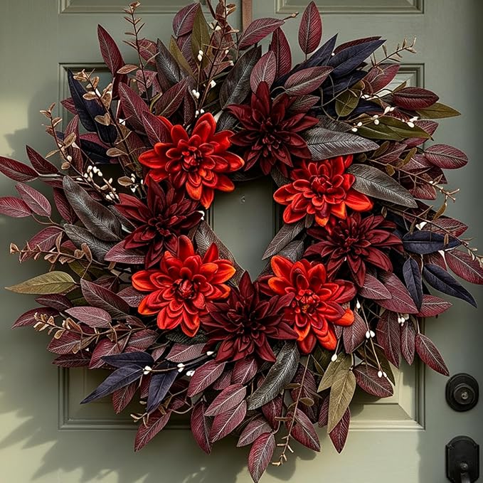 26” Large Fall Wreath for Front Door, Artificial Autumn Wreath with Dark Purple Leaves & White Berries, Farmhouse Wreath for Halloween Thanksgiving Indoor Outdoor Home Decor