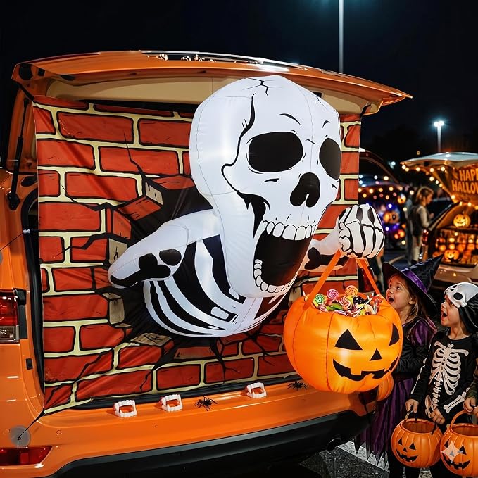 Halloween Trunk or Treat Car Decorations Kit for SUV, Funny Inflatable Skeleton Holding Pumpkin Trunk Outdoor Indoor Decor, Lighted 3D Skull Halloween Car Decoration Set for Kids School Party Supplies - skull inflatable