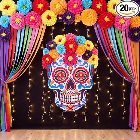 Fumete 20 Pcs Dia De Muertos Backdrop Decorations Set Day of The Dead - skull sticker