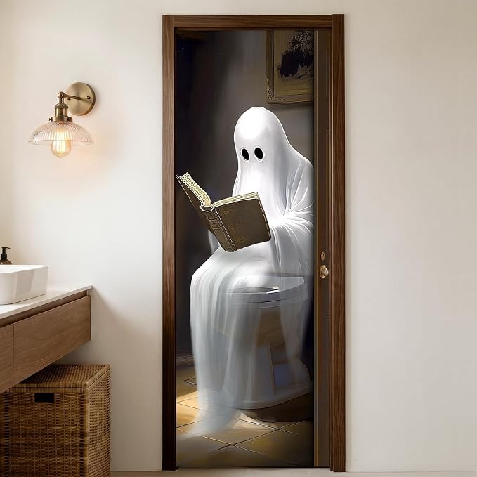 Retro Halloween Door Cover: Hilarious Funny Ghost Sitting on Toilet Design, Vintage Ghost Reading Book Door Banner, Cute Spooky Halloween Bathroom Decor Banner Decorations Indoor Outdoor - skull toilet paper