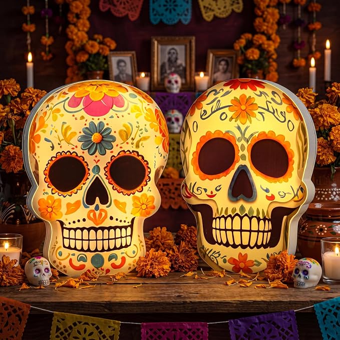 Gerrii 2 Pcs Day of The Dead Light Skull Decoration LED Sugar Skull Lantern - skull candle