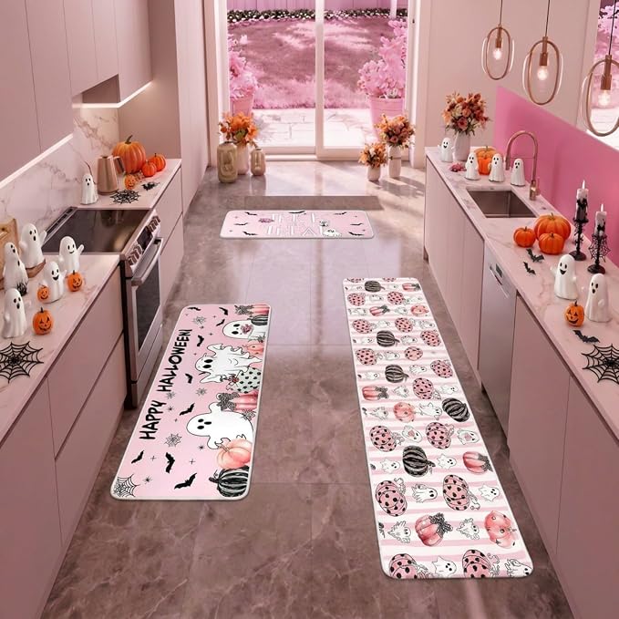 Drydiet 3 Pcs Halloween Pink Ghost Kitchen Rugs Set Decorative Mats