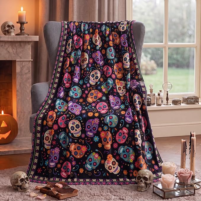 Mexican Sugar Skull Blanket Dia De Los Muertos Altar Decor Halloween Throw Blanket Day of the Dead Fleece Flannel Blankets Soft Cozy Plush for Couch Bed Sofa Decor 60″X50″