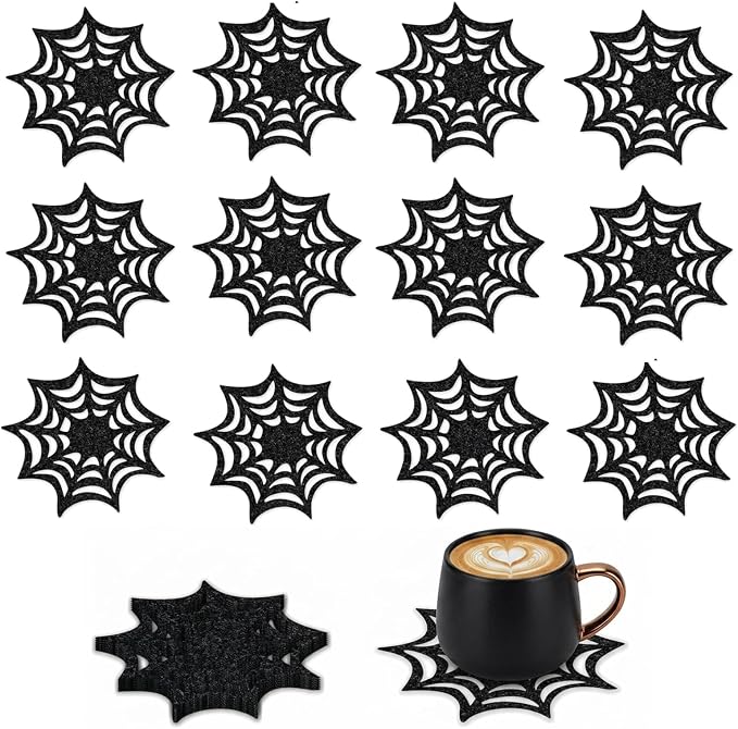 12PCS Black Halloween Spider Web Coasters, Non-Woven Gothic Mat for Drinks - skull coaster
