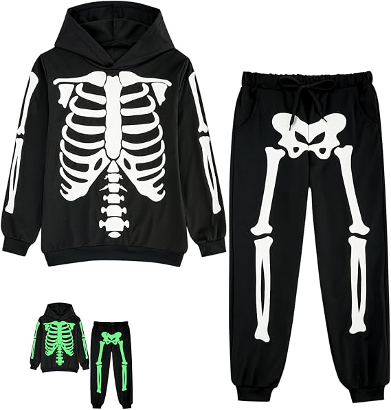 uideazone Boys Halloween Skeleton Hoodie Pants Set Glow in the Dark 5-12Y - sugar skull makeup
