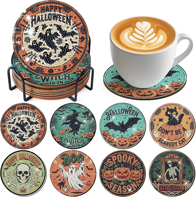 Sitsink Halloween Diamond Art Coasters - 8pcs DIY Diamond Gem Painting Round Coasters with Non-Slipping Cork Back, Gifts for Friends Family Halloween - skull coaster