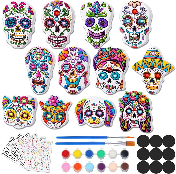 12 Set Day of The Dead Ceramic to Paint, Sugar Skull Crafts for Adults - skull sticker