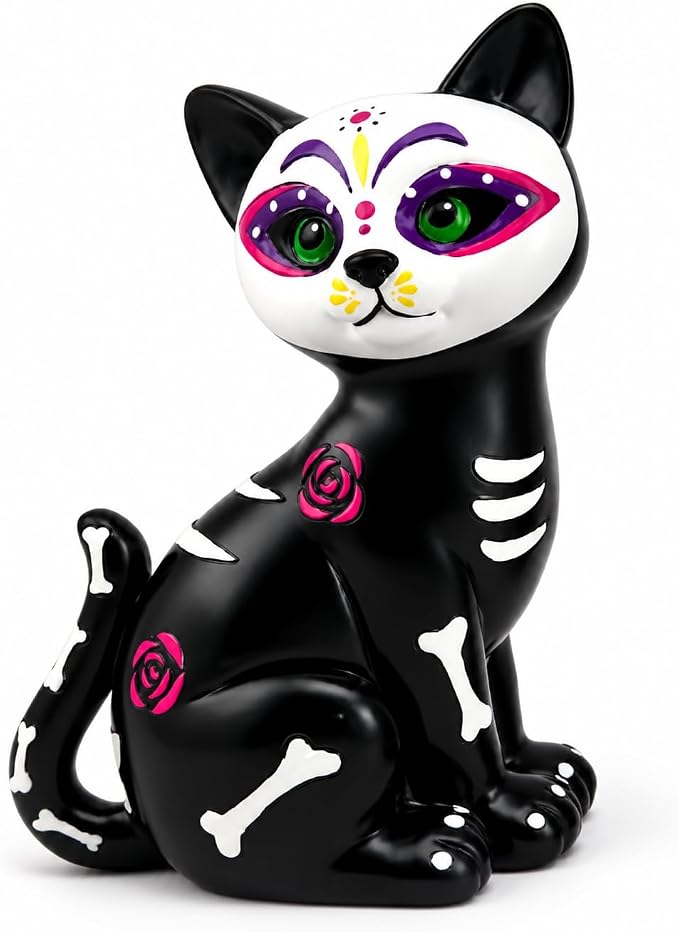 GoGnome Halloween Sugar Black Cat Skeleton Figurine, Cute Resin Statue with Skull Face & Skeleton Tabletop Decoration for Home Mantel Shelf (Black Cat) - skeleton