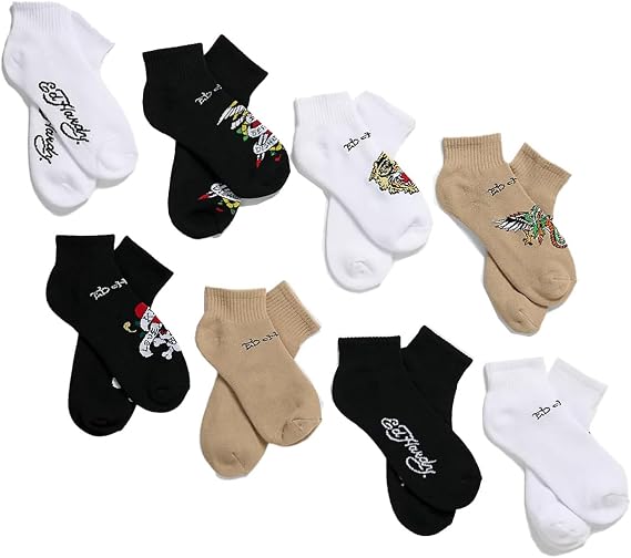 ED HARDY 8-Pairs Men's Tattoo Print Fashion Full Cushion Quarter Socks - sugar skull costume
