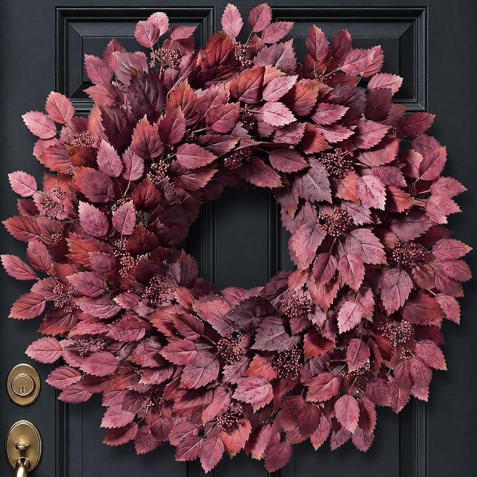26″ Artificial Hibiscus Leaves Fall Wreath for Front Door Decor(Autumn Red)