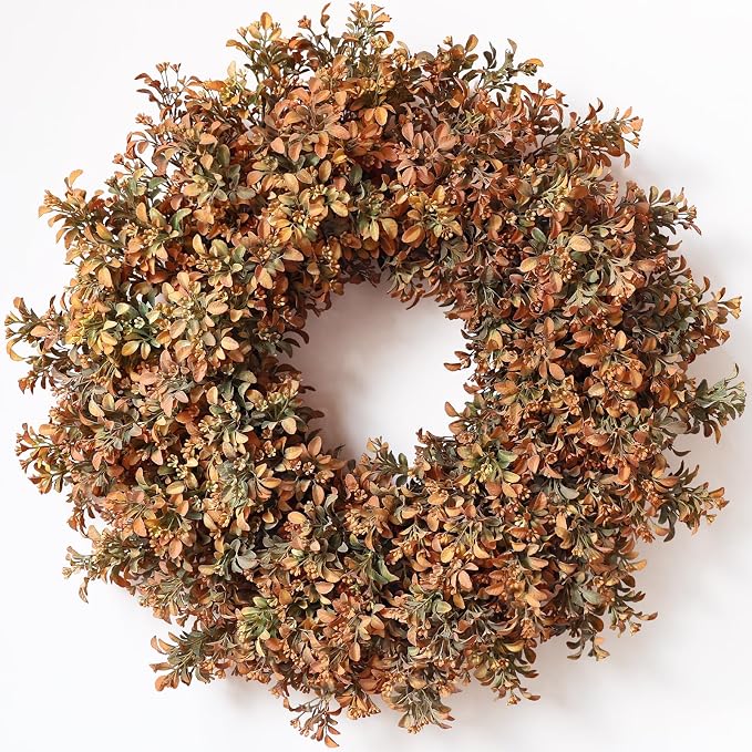 26″ Artificial Fall Boxwood Wreath for Front Door Decoration(Autumn Orange)