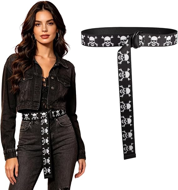 Skull Belt, Punk Canvas Web Belt for Women Men,Gothic Military Style Adjustable D-Ring Buckle Belt, for Halloween Party Costume Accessories - skull wallet