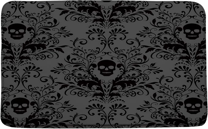 Gothic Skull Black Damask Bath Mat for Bathroom - skull rug