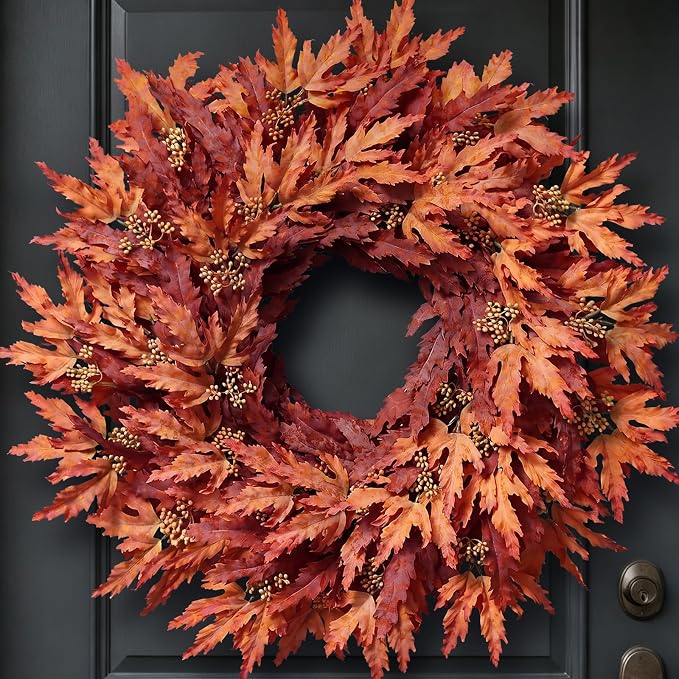 26" Artificial Fall Maple Leaves Wreath for Front Door Decoration (Orange) - skull wreath