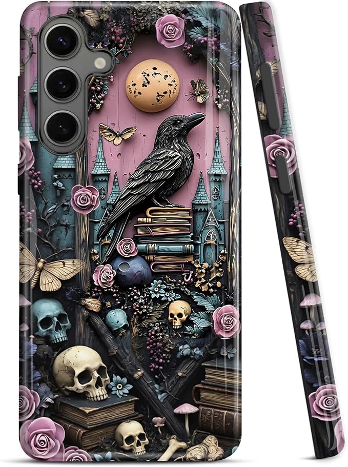 Dual Guard for Samsung Galaxy A17 5G Case, Dual-Layer Hard Shell + Silicone Cover 2 in 1- Shockproof Protective Phone Case,Gothic Purple Floral Bookshelf Skull Bird - Skull phone case