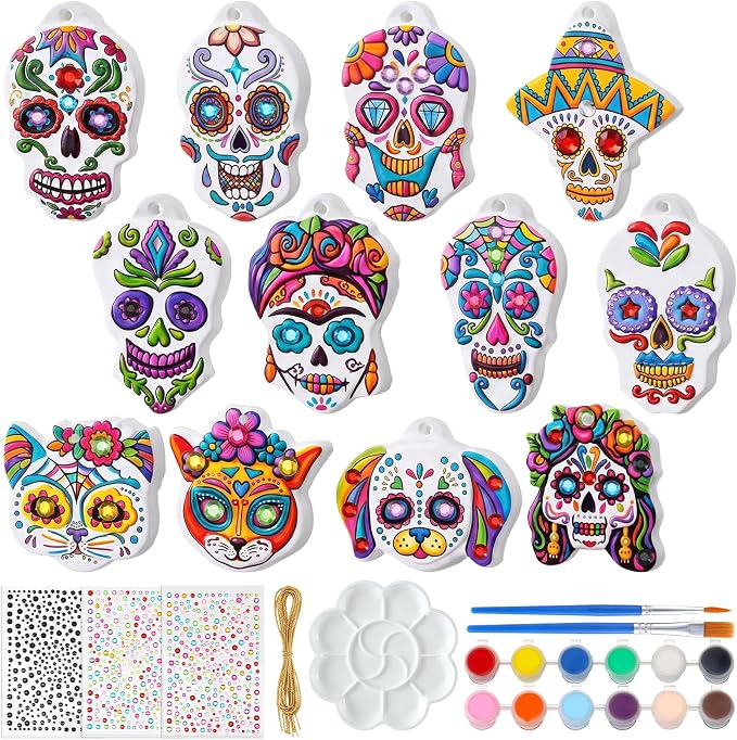 12 Set Day of The Dead Ceramics to Paint, DIY Sugar Skull Hanging Crafts