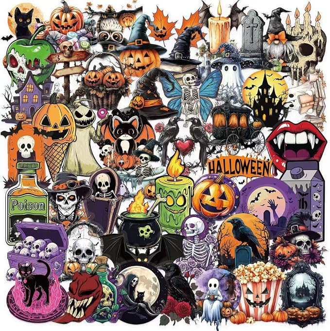 50 Pcs Halloween Transparent Stickers for Adults(H01) - skull sticker