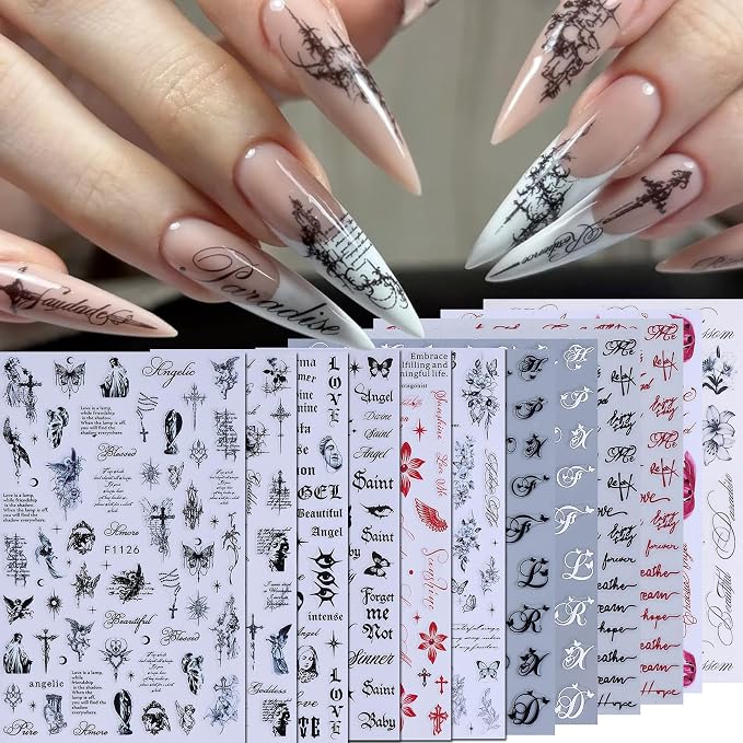 3D Letter Nail Art Stickers Decals 12PCS Self‑Adhesive Gothic Designs Nail Decals Butterfly Cross Floral Hibiscus Word Stickers for Nail Art Women DIY Y2K Style Black Red Manicure Decorations - skull sticker