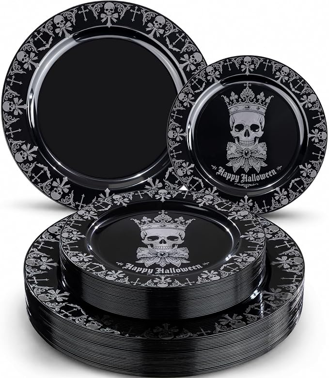 Halloween Plastic Plates, 40-Pack, BPA-Free Heavy-Duty - skull plate