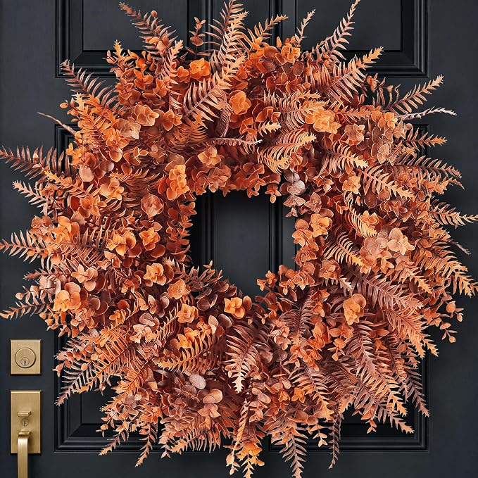 26″ Artificial Fall Eucalyptus & Fern Wreath for Front Door Decor(Orange)