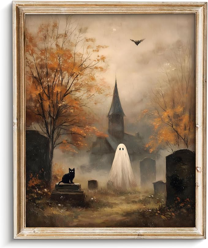 Vodefoad Vintage Cute Ghost Wall Art, Retro Moody Ghost And Black Cat Graveyard Canvas Wall Art, Eerie and Spooky Autumn Halloween Art for Kitchens, Nurseries, and Entryway Holiday Gift - 8x10Inch Unframe - skull wall art