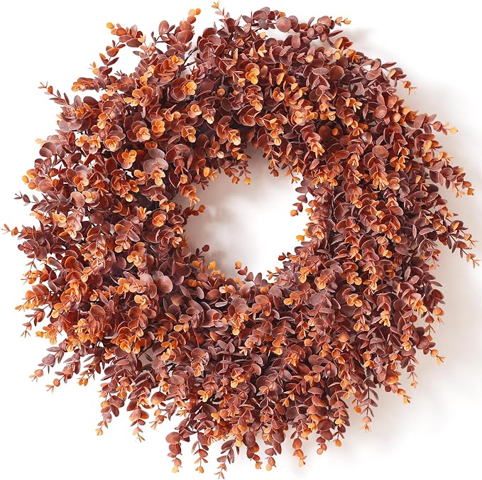 24" Lifelike Touch Fake Fall Eucalyptus Wreath for Front Door (Dark Orange) - skull wreath