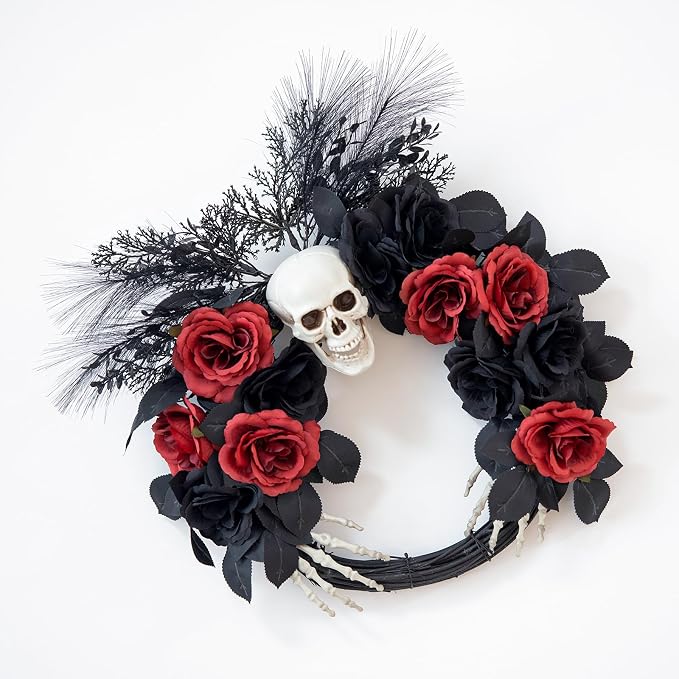 18″ Halloween Wreaths for Front Door with Skull and Skeleton Hands