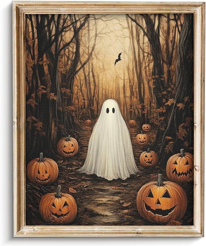 Vodefoad Vintage Moody Ghost in Spooky Forest Style Halloween Print, Whimsical Country Cottage halloween Oil Painting,Cute Ghost and Smiley Pumpkin Autumn Wall Mural, Rustic Hall oween Cottagecore Autumn Art for Kitchens, Nurseries, and Entryway Holiday Gift – 8x10Inch Unframe