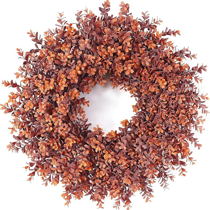 24" Artificial Fall Boxwood Wreath for Front Door Decoration (Deep Orange) - skull wreath