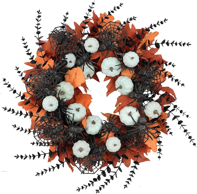 Idyllic 24″ Halloween Wreath Pumpkins Maple Black Spiders for Front Door