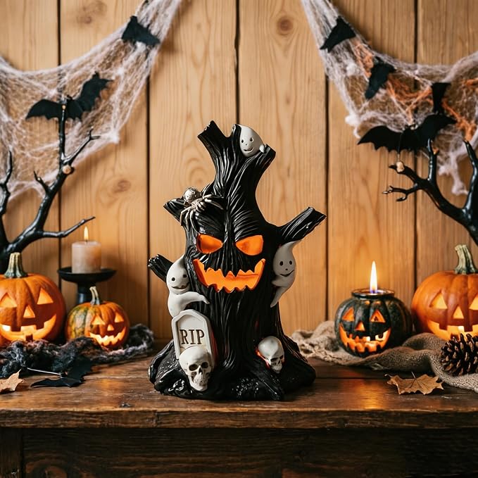 Halloween Lighted Tree Stump Decoration, Glowing Red Face Decor - skull figurine