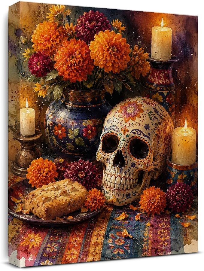 TTBDPB Day of the Dead Wall Art Decor Mexican Day of the Dead Skull Marigold Canvas Wall Decoration Dia De Los Muertos Art Prints for Home Living Room Bedroom